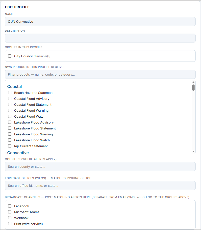 Building an alert profile — products, counties & channels