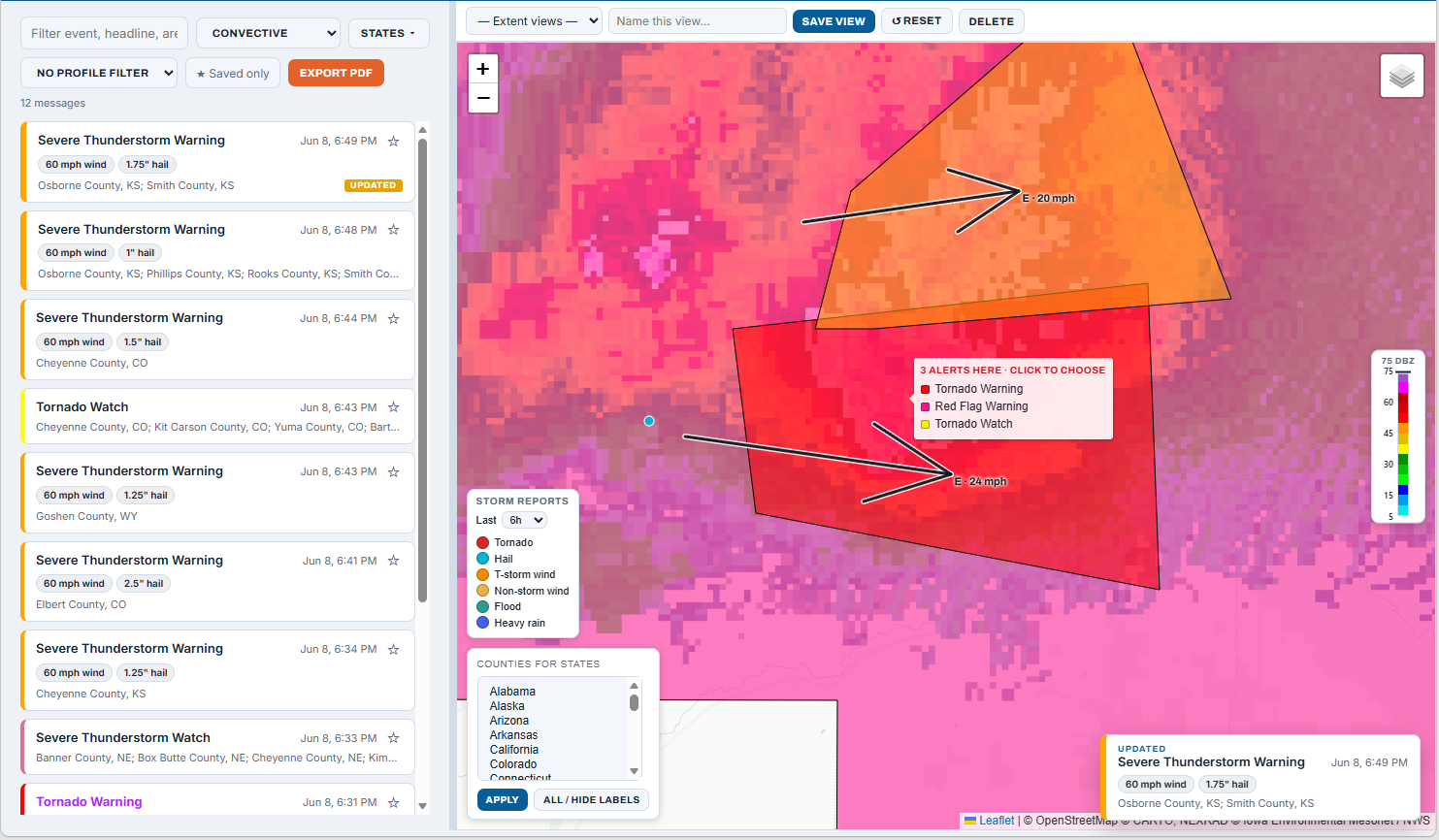 The Shear live console — radar, warning polygons and storm-motion vectors on one interactive map