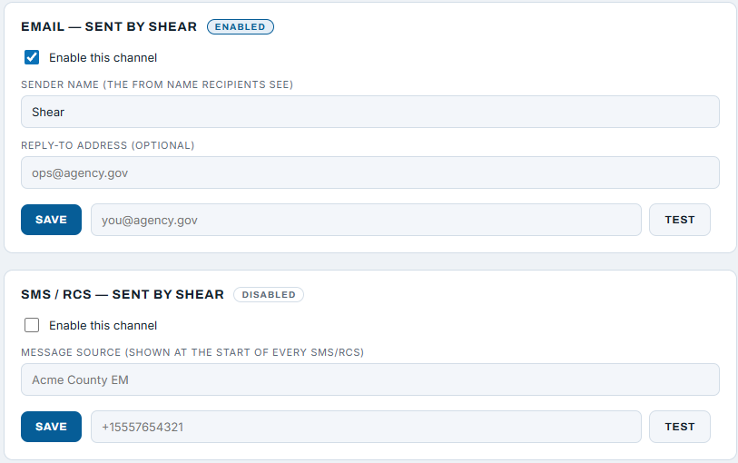 Messaging channels — email, SMS, Teams, webhooks, Facebook & print
