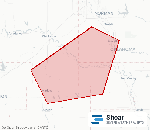 A Shear alert map showing the warning polygon over the affected counties