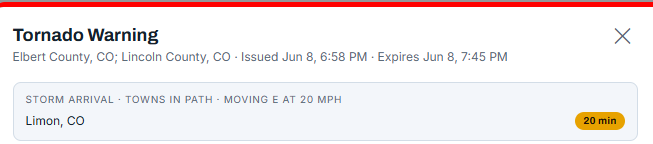 Per-town storm-arrival countdown — the towns in a tornado warning's path with minutes to arrival