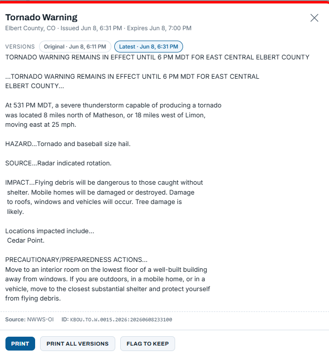 A tornado warning open in Shear — full product text, version history, impact-based hazard tags, and one-click print